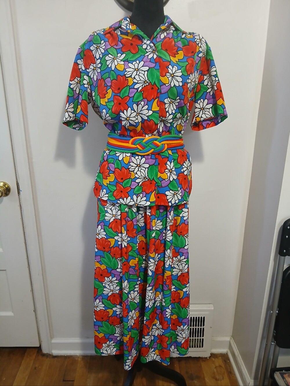 VTG 80s Lilli Ann Bright Bold Multicolor Floral Shirt Skirt Set W/ Belt 5/6 USA